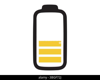 Black outline icon of partially charged battery with yellow bars isolated on white background. Concept of power indicator, energy level, charging progress, shows battery charge status. Stock Vector