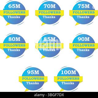 Followers bundle graphic from 65M to 200M with sky blue gradient, yellow and white backgrounds. Editable vector design ideal for social media. Stock Vector