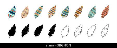 Set of Feathers in Different Styles Colorful, Black Silhouette, Outline. Collection of Artistic Bird Feathers with Geometric and Abstract Patterns. Concept of Boho, Nature Art, Graphic Clipart, Design. Stock Vector