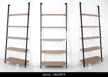 Metal book shelve isolated on white background .Different angles Stock Photo