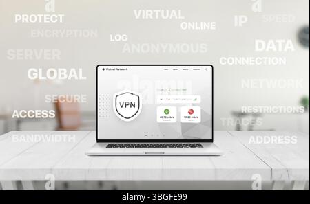 Laptop with VPN dashboard on screen surrounded by floating keywords like encryption, IP, anonymous, server, and secure data in office setup. Stock Photo