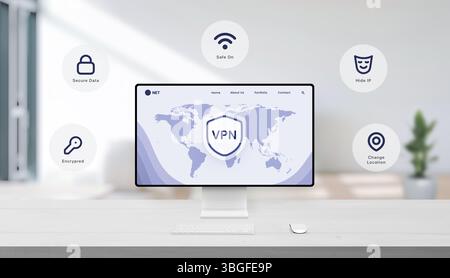 World map with VPN shield and floating icons showing encrypted, safe connection, hidden IP, secure data and virtual location change. Stock Photo