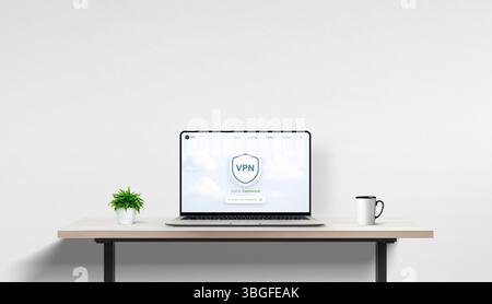 Modern workspace with VPN screen on laptop and blank wall background, perfect for inserting custom promo text or campaign visuals. Stock Photo