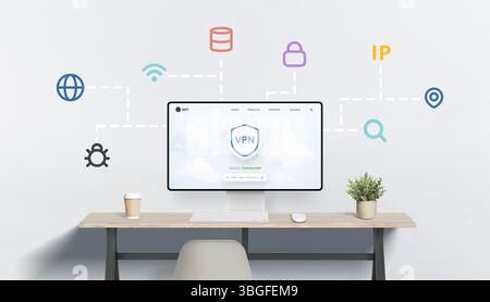 Connected VPN dashboard with visual lines linking to key icons symbolizing encryption, global access, and secure browsing Stock Photo