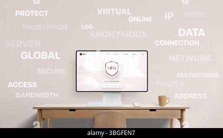 VPN dashboard on screen with numerous wall words like protect, virtual, anonymous, and online in a secure workspace setup Stock Photo