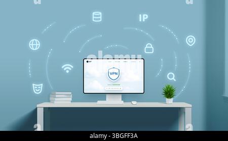Digital VPN concept with flowing cloud nodes linking protection icons around a central screen in a tech-themed setting Stock Photo