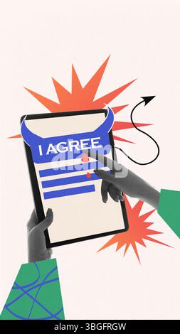Hands interacting with devil-themed I agree form on tablet surrounded by sharp visual elements. Vibrant abstract collage. Stock Photo