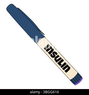 Closeup cartoon illustration of a closed insulin pen injector with a cap and labeled INSULIN. Concept of diabetes mellitus, chronic illness, and healthcare. Isolated on a white background. Stock Vector