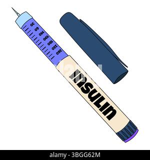 Cartoon illustration of a mechanical insulin pen injector with visible needle, dosage markings, and detached cap on a white background. Concept of diabetes mellitus, chronic illness, and healthcare. Stock Vector