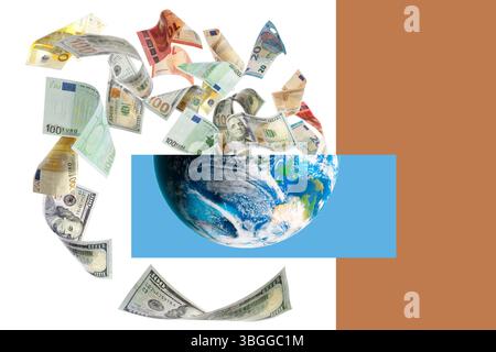 Money exchange concept. Banknotes flying out from Earth planet on color background Stock Photo