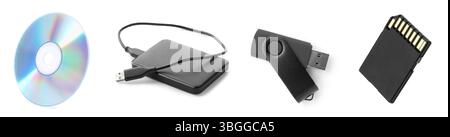 Different modern memory drives isolated on white, collage Stock Photo