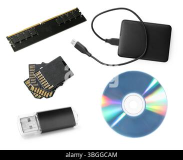 Different modern memory drives isolated on white, collage Stock Photo