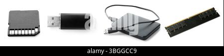 Different modern memory drives isolated on white, collage Stock Photo