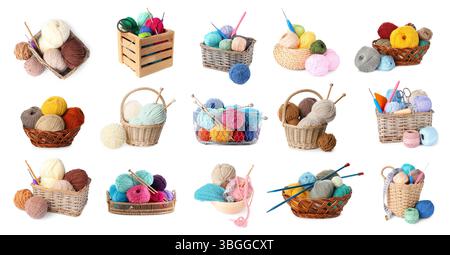 Knitting yarns and needles isolated on white, set Stock Photo