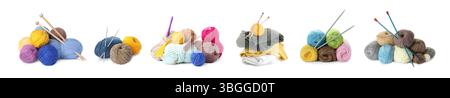 Knitting yarns and needles isolated on white, set Stock Photo