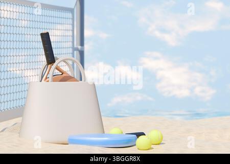 Paddle tennis rackets and balls in bag on sand on beach against sports net background. 3d rendering Stock Photo