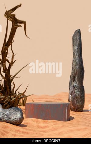 Abstract stone sculptures and dried plant arranged in a minimalist art setup. 3d rendering Stock Photo