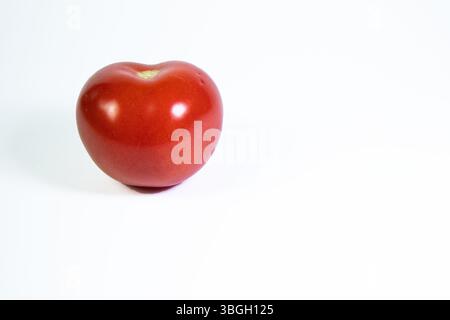 Fresh single red tomato on white background, minimal and healthy food concept. Stock Photo