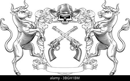 Cowboy Skull Guns Crest Coat of Arms Shield Design Stock Vector