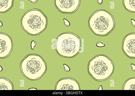 Seamless pattern of round cucumber slices on a green background in doodle style. Vector background for banners about healthy eating, for packaging cosmetics, spas, kitchens, clothes. Stock Vector