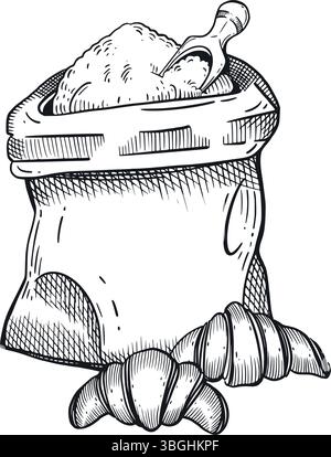 A bag of flour with a scoop for pouring and two croissants in the foreground. All objects are hand-drawn in vector in gray. Suitable for flour Stock Vector