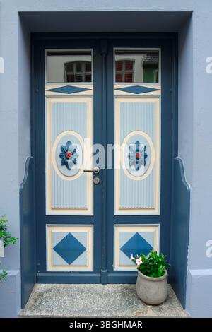Colorful painted front door. Germany, Old Town Wismar Stock Photo