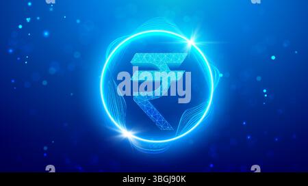Digital rupee symbol with glowing circular wave and polygon mesh design, futuristic Indian currency icon on blue abstract background Stock Vector