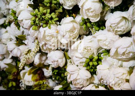 Lush floral backdrop featuring white peonies and green foliage, perfect for weddings, photo booths, or elegant event decoration. Stock Photo