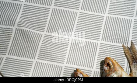 Minimalist top-down image showing the corner of dried fish placed on a fabric with a gray geometric stripe pattern. Stock Photo