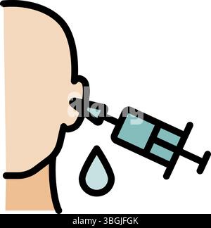 Ear cleaning irrigator. Sulfur plug cleaning outline icon. A buildup of earwax blocking the ear canal. Medical vector isolated on white background. Stock Vector
