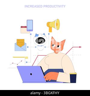 AI boosts mid-sized business productivity through enhanced digital tools, symbolized by an anthropomorphic cat using a laptop with various tech icons around. Stock Vector