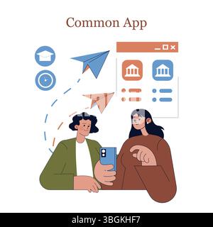 An illustration shows students using the Common App for their college applications and admissions process Stock Vector