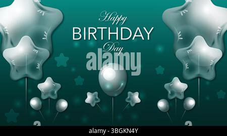 Happy birthday celebration with balloons stars and teal background for greeting card design template Stock Vector