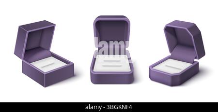 Purple velvet ring box mockups of different shapes and views - open with white satin lining. Empty jewelry cases for engagement, wedding proposal. Realistic 3d luxury accessory packaging design. Stock Vector