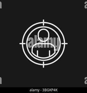 Target with Person Inside on Black Background, Representing Customer Focus or User Targeting, White Outline Icon Stock Vector