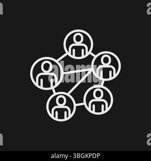 Network of Five Connected People, Representing Social Connections, Community, or Collaboration, White Outline Icon Stock Vector