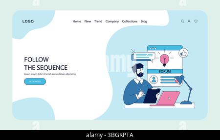 Vector illustration of a man working on a digital forum. He is interacting with a laptop and tablet, surrounded by icons representing online communication and engagement. Stock Vector