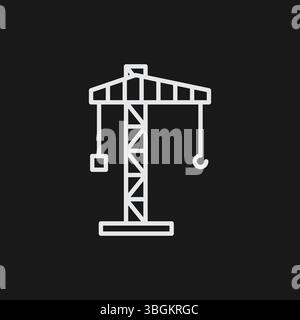 Tower Crane with Hook on Black Background, Representing Construction, Building, or Heavy Lifting, White Outline Icon Stock Vector