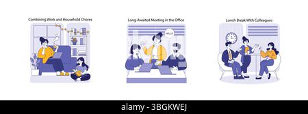 Hybrid work dynamics illustrated through three scenarios: balancing home tasks, collaborative meetings in the office, and social interactions during lunch breaks. A view on modern workplace culture. Stock Vector