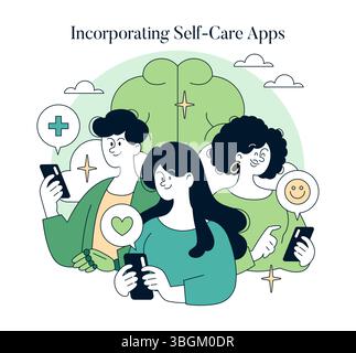 National Mental Health Awareness focuses on the role of self-care apps in fostering well-being. Engaging individuals in maintaining mental health through technology, connection, and support is essential. Stock Vector