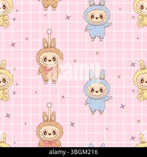 Seamless pattern with Cute Monster Toy Labubu on pink checkered background. Cartoon Funny kawaii fantasy plush toothy character. Vector illustration. Stock Vector