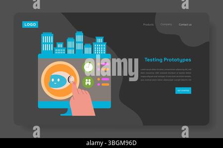 Megapolis Innovation Center concept. Illustrates technology integration and interface design involving user testing of prototypes. Shows a cityscape backdrop enhancing innovation theme. Vector illustration. Stock Vector