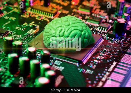 Human brain on a computer chip, artificial intelligence, photomontage Stock Photo