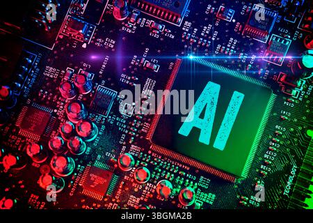 Computer chip labeled AI, artificial intelligence, photomontage Stock Photo