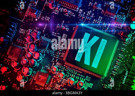 Computer chip labeled AI, artificial intelligence, photomontage Stock Photo