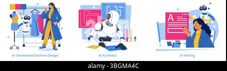 Vector illustration of AI innovations in fashion design, architecture, and writing. Includes a robot assisting a stylist, designing spaces, and writing content alongside a professional. Stock Vector
