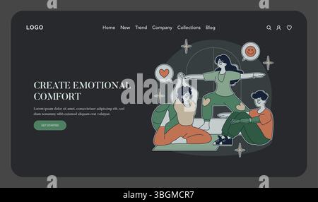 Pilates illustration showing a group engaged in exercises promoting physical well-being and emotional comfort. The supportive environment highlights community engagement and health benefits. Stock Vector