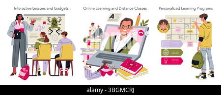 Vector illustration showcasing interactive learning through futuristic technology. Features students in dynamic classroom and online settings, emphasizing customized and distance education. Stock Vector