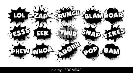 Comic fun meme sticker, speech bubble, pop art shout, retro exclamations. Black white sound effects for comics, branding, jokes, design elements Stock Vector