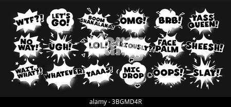 Comic meme pop speech bubbles in black and white. Funny viral exclamations and retro slang text for social media, jokes, fashion, poster or sticker Stock Vector